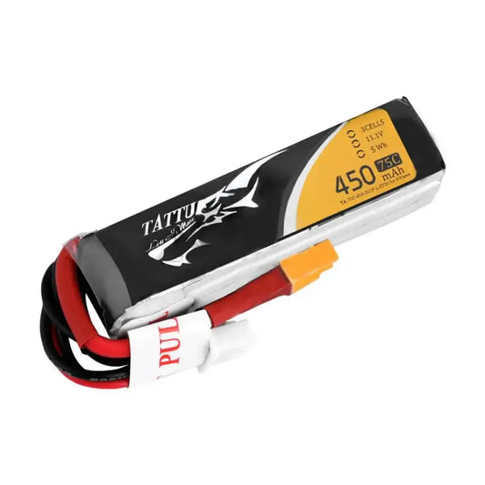 סוללת Tattu 450mAh 3S 11.1V 75C LiPo עם תקע XT30 - גודל ארוך למסגרת H